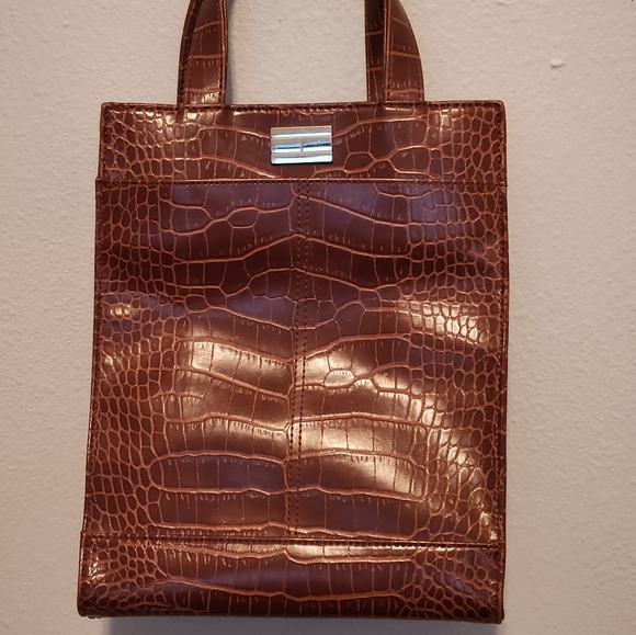 Vintage Tommy Hilfiger Brown Faux Leather Croc Embossed Medium Size Handbag - Picture 1 of 4